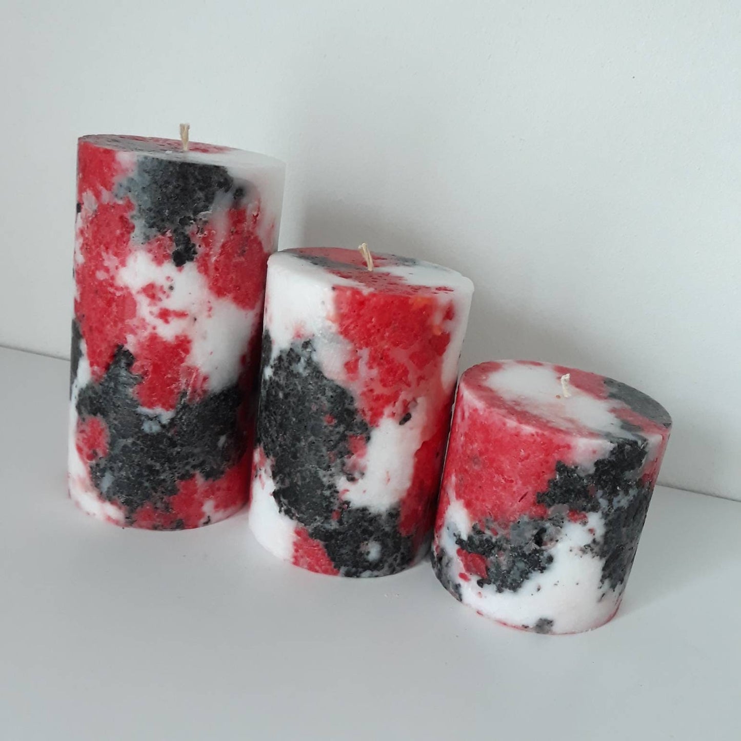 Black White Red Pillar Decorative candles. Unique pillar candles. Centerpiece candles