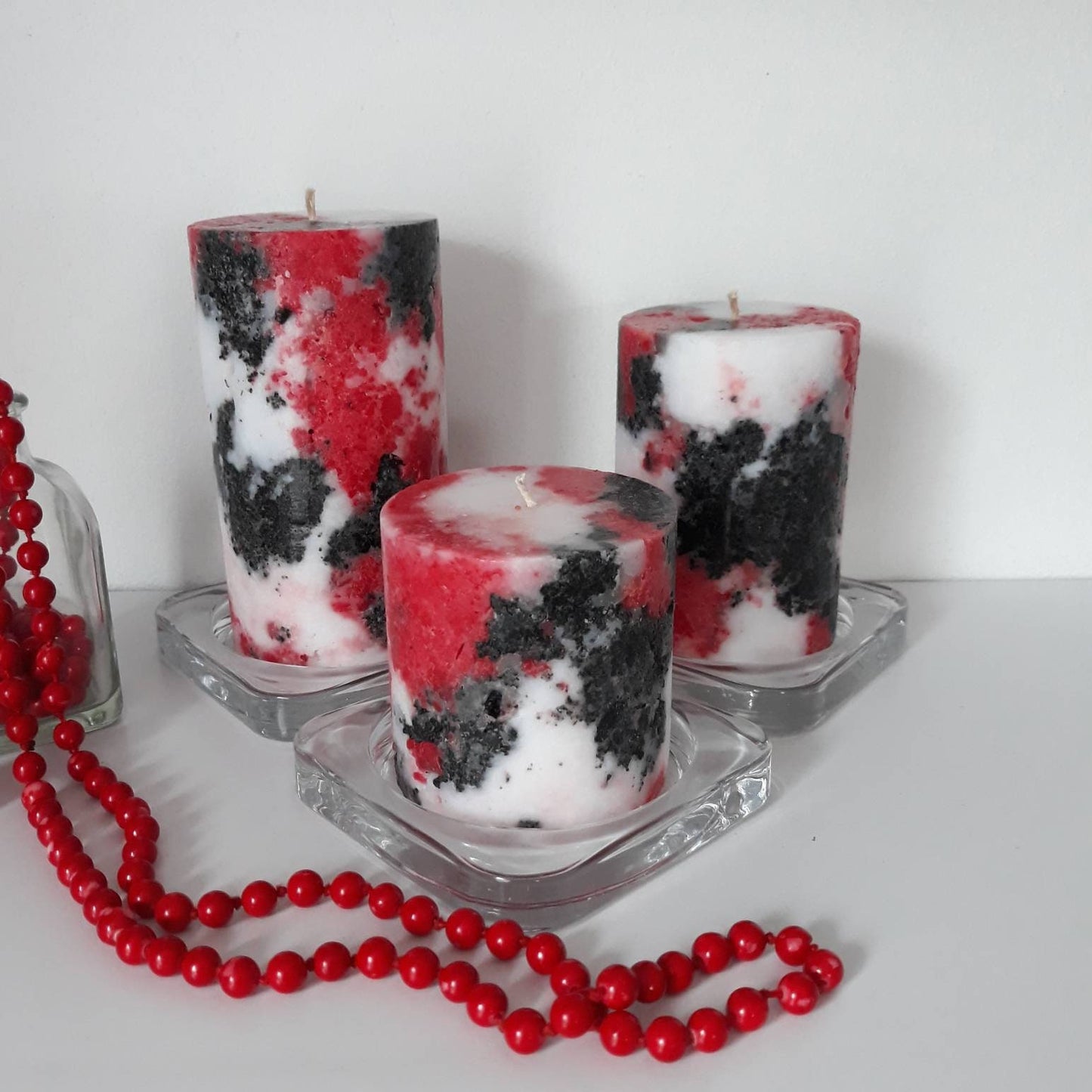 Black White Red Pillar Decorative candles. Unique pillar candles. Centerpiece candles