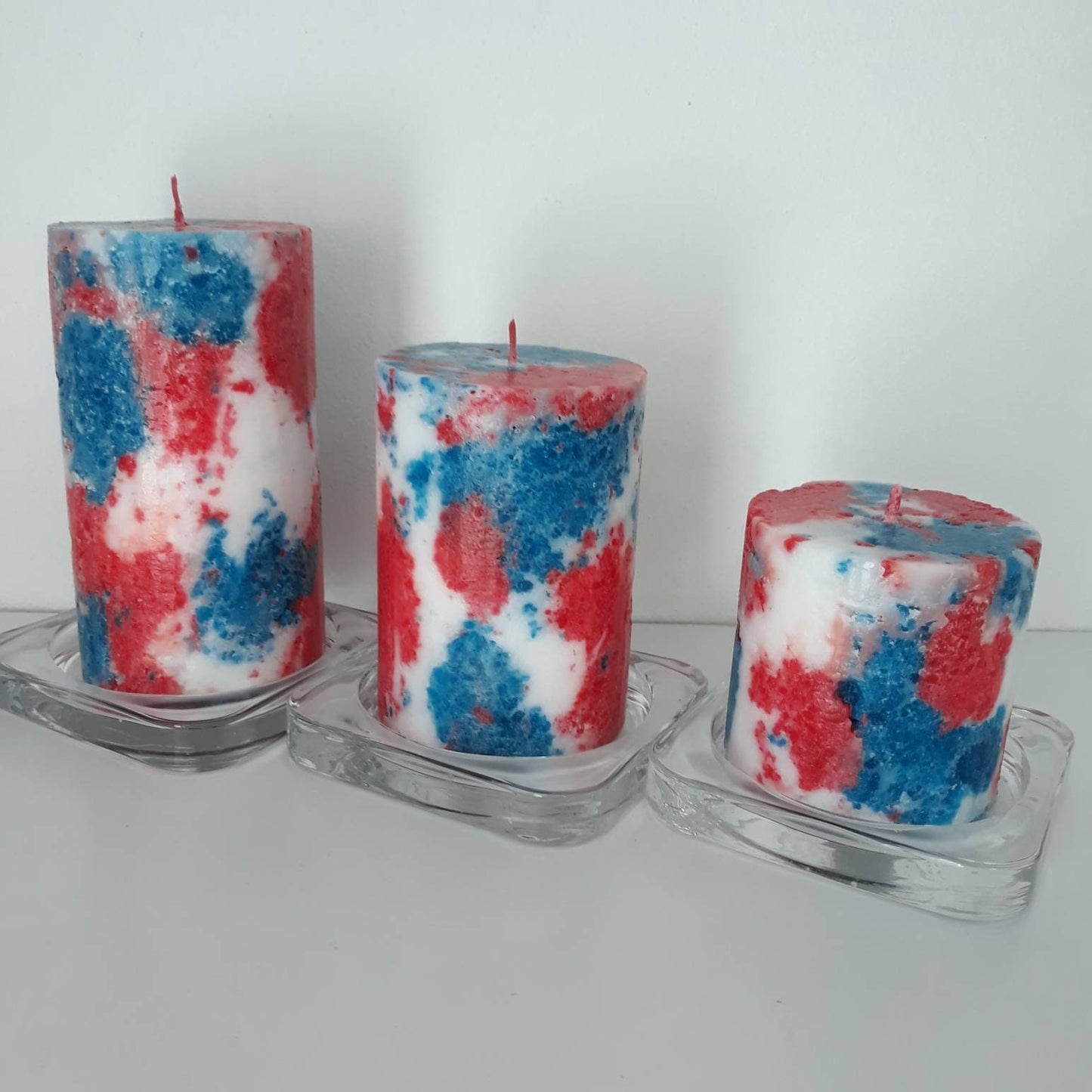 Unique pillar candles for patriotic decor. 4th of july home decor. Red white and blue independence day decor.