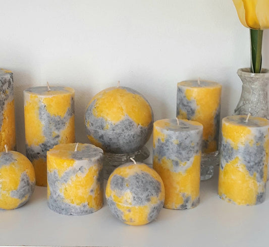 Yellow And Gray Pillar Candles. Decorative candle for mindfulness gift, or unique home decor. Сhoose a size