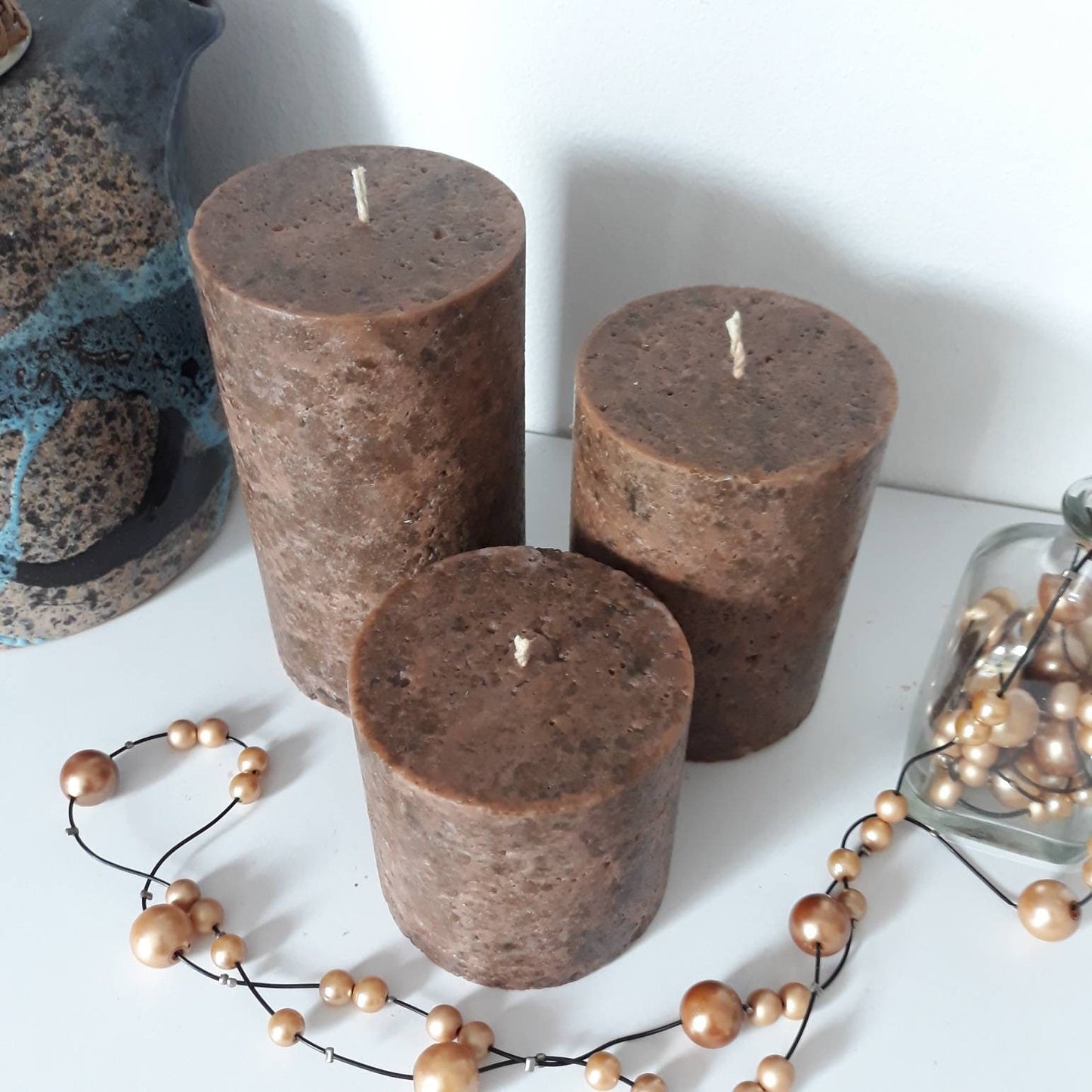 Dark Brown pillar candles. Decorative candles. Designer candles for brown centerpieces.