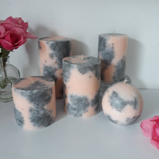 Light Peach And Gray Pillar Candles. Unique decorative candle for home decor. Designer candles.