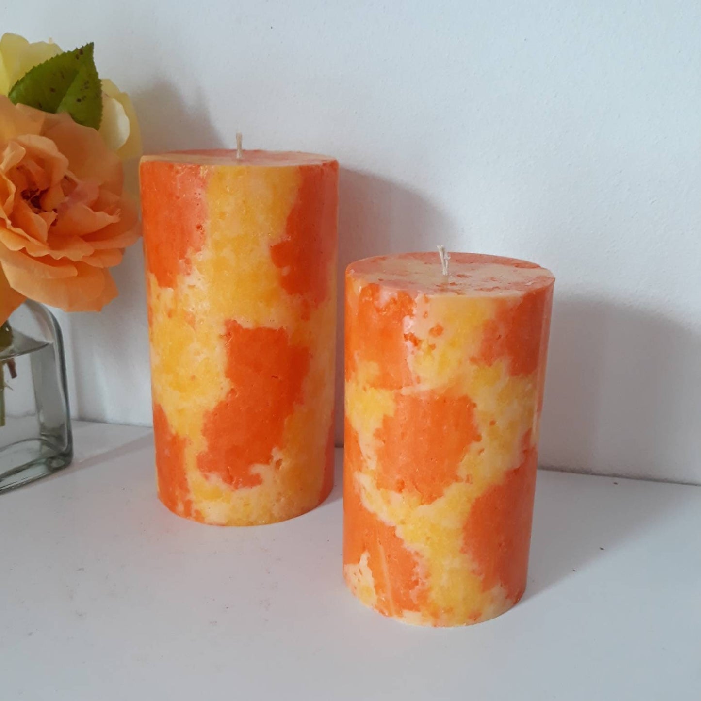 Orange and yellow pillar candles. Ball candles. Decorative candles. Choose the size.