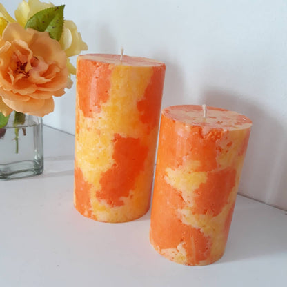 Orange and yellow pillar candles. Ball candles. Decorative candles. Choose the size.