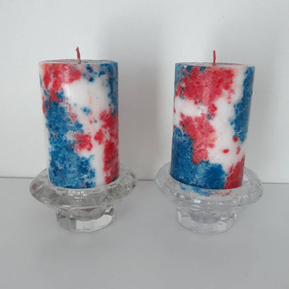 Unique pillar candles for patriotic decor. 4th of july home decor. Red white and blue independence day decor.