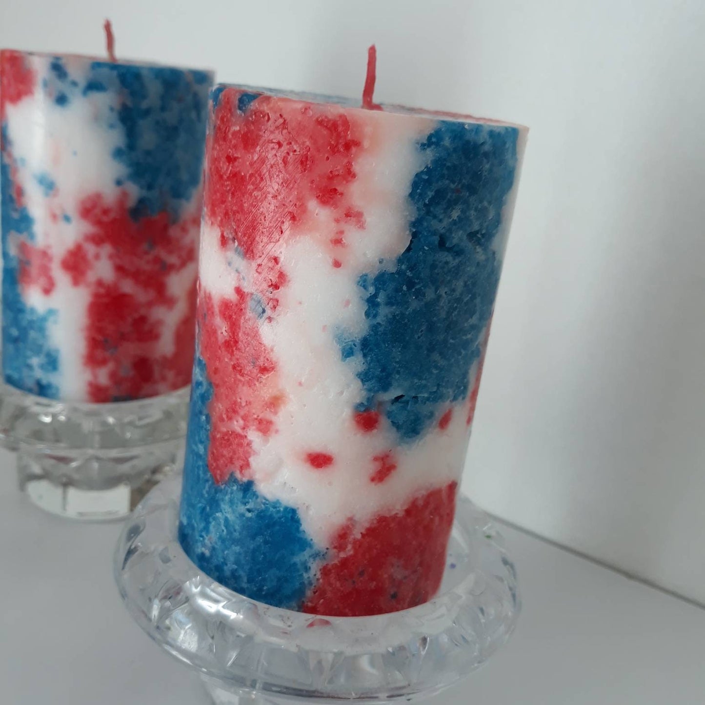 Unique pillar candles for patriotic decor. 4th of july home decor. Red white and blue independence day decor.