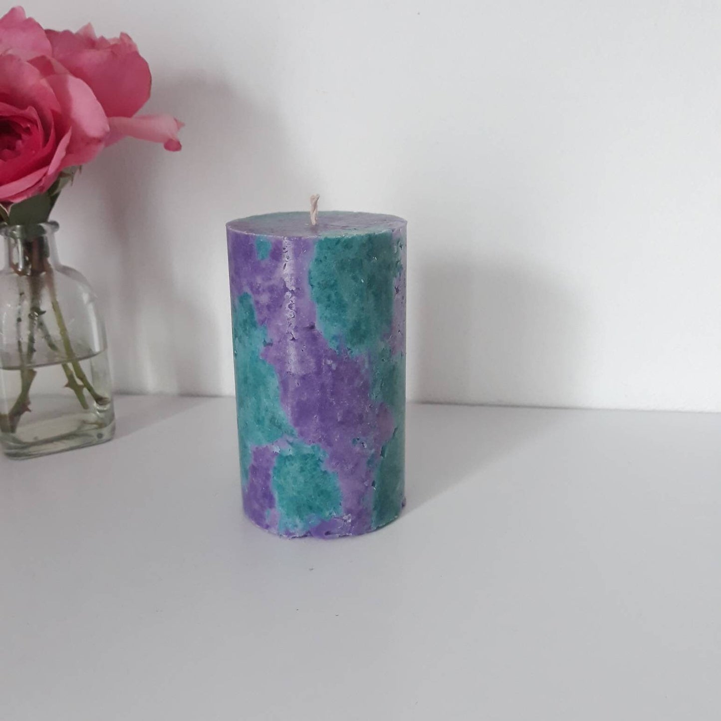 Purple and teal decorative candles. Designer pillar candles. Choose the size