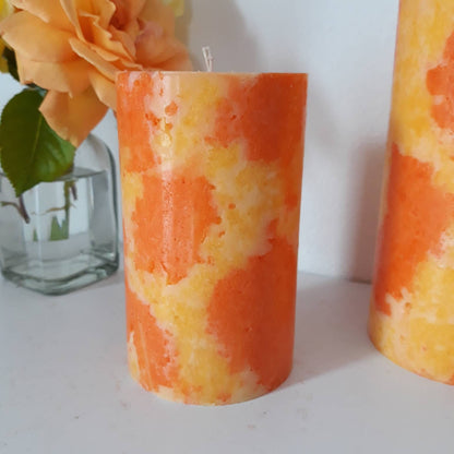 Orange and yellow pillar candles. Ball candles. Decorative candles. Choose the size.