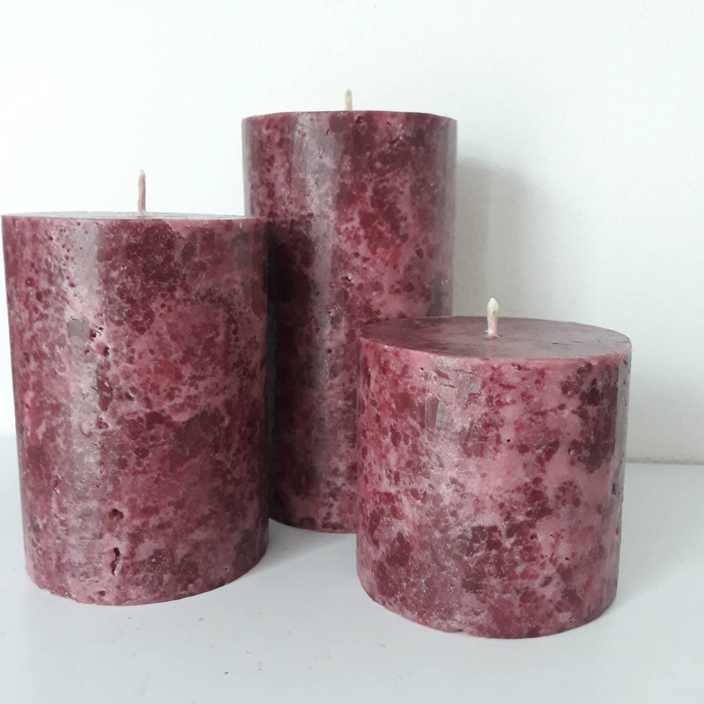 Burgundy decorative candles. Unique pillar candles for home decor.  Choose a size