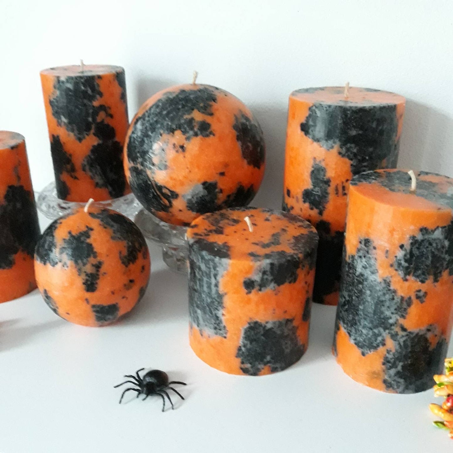 Decorative halloween candles. Black and Orange Pillar Candles. Unique candle for fall centerpiece. Unscented candles.