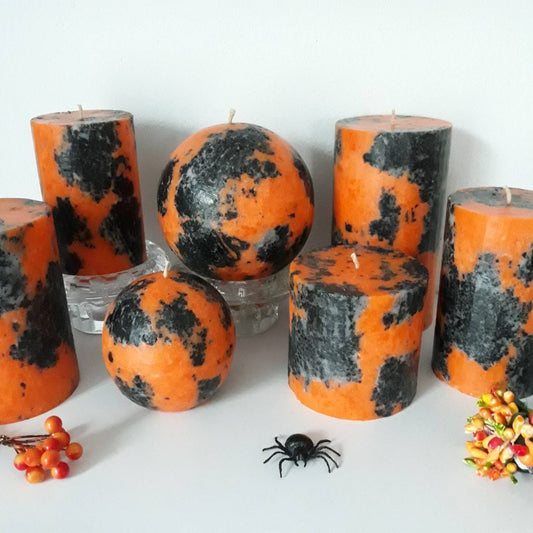 Decorative halloween candles. Black and Orange Pillar Candles. Unique candle for fall centerpiece. Unscented candles.