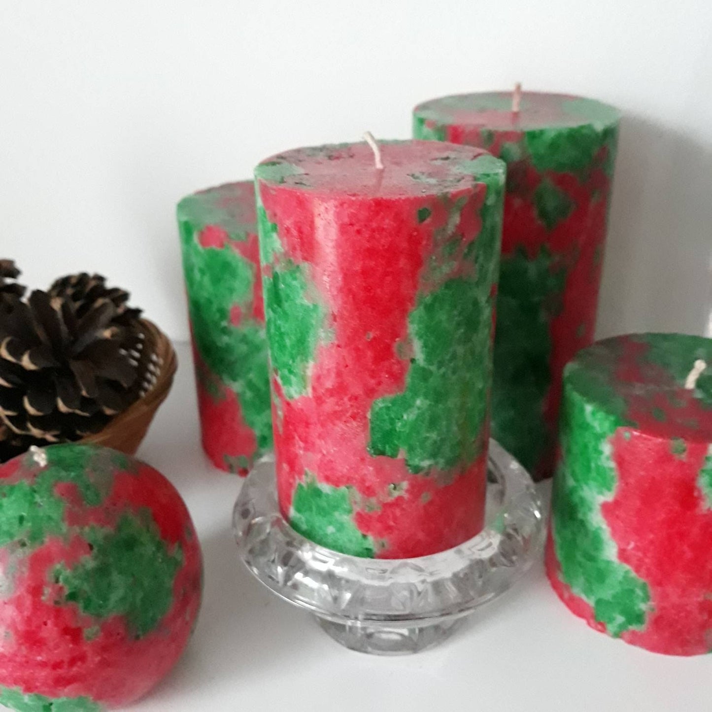 Christmas pillar  candles. Festive decorative candles. Green red pillar candles. Christmas candles. Holiday candles for hygge christmas