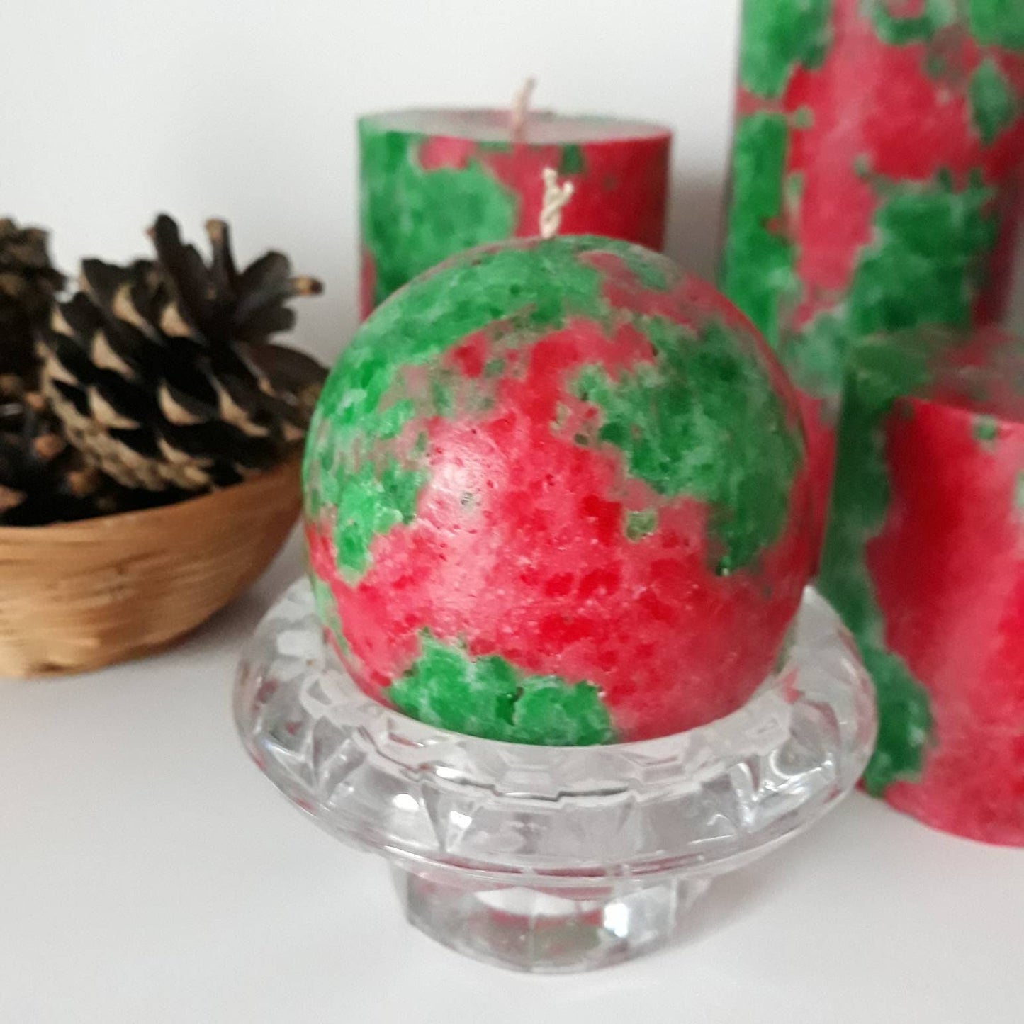 Christmas pillar  candles. Festive decorative candles. Green red pillar candles. Christmas candles. Holiday candles for hygge christmas