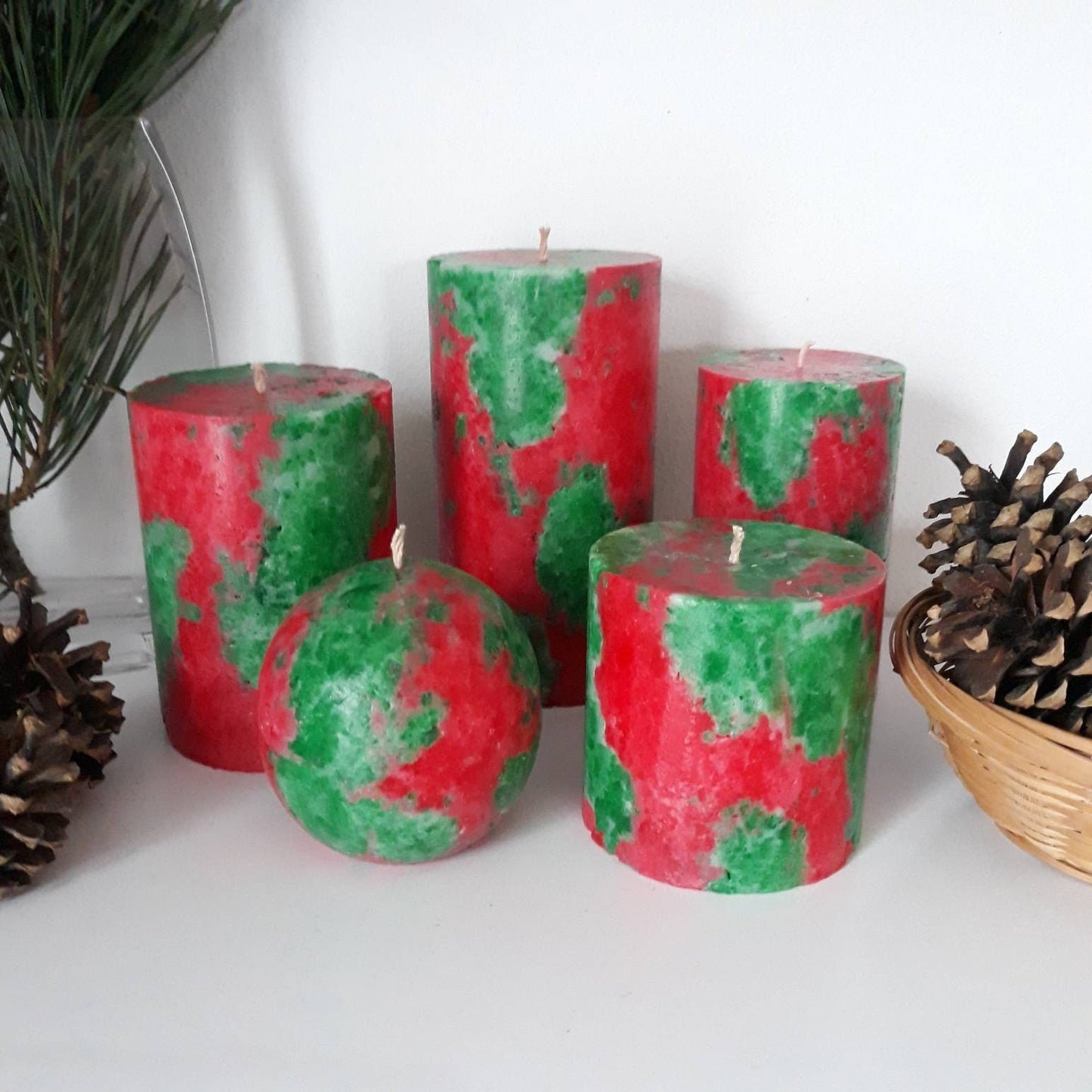 Christmas pillar  candles. Festive decorative candles. Green red pillar candles. Christmas candles. Holiday candles for hygge christmas