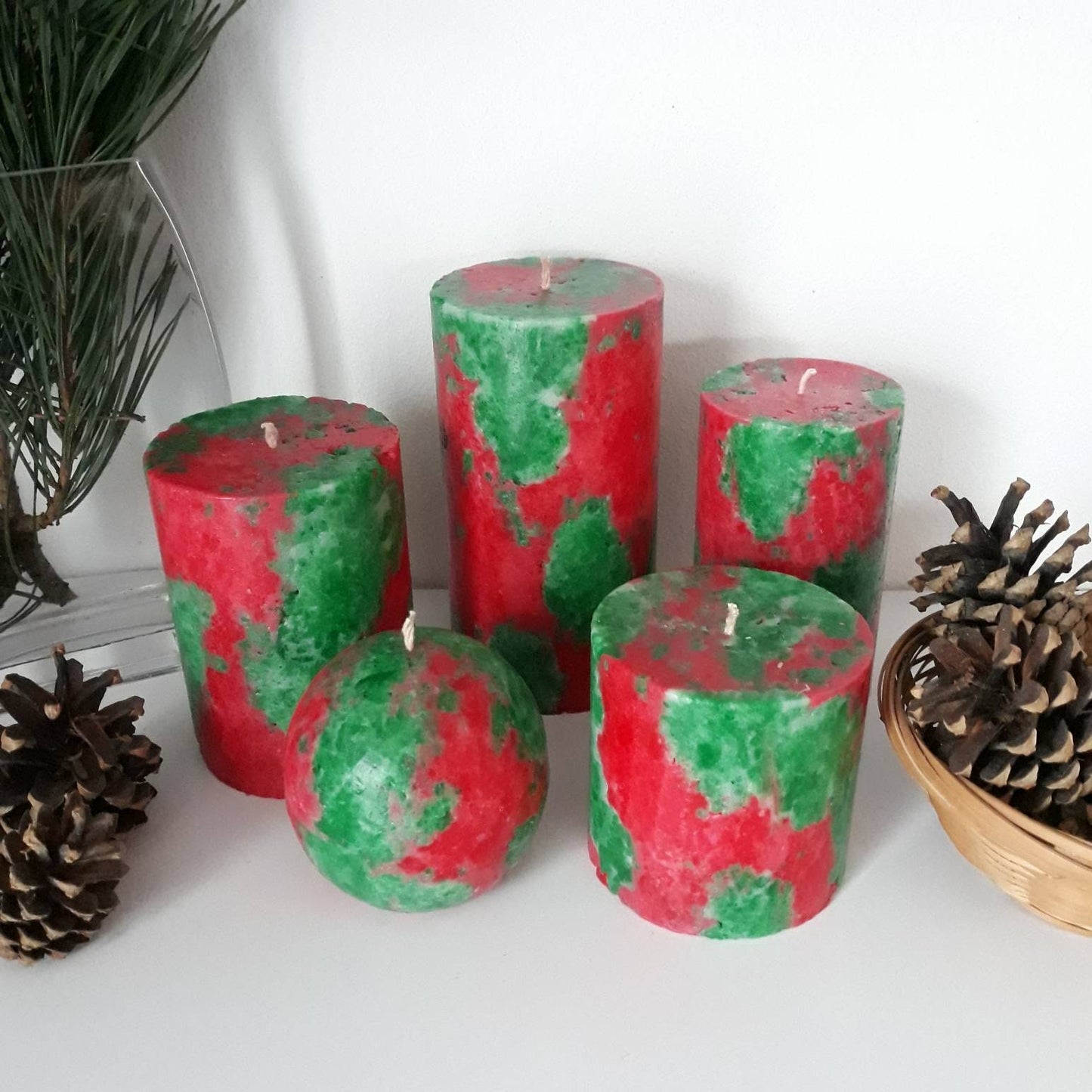 Christmas pillar  candles. Festive decorative candles. Green red pillar candles. Christmas candles. Holiday candles for hygge christmas