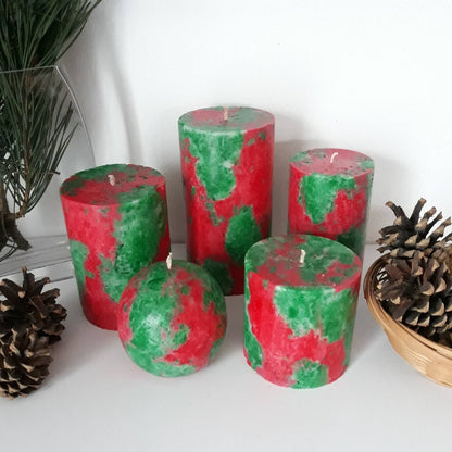 Christmas pillar  candles. Festive decorative candles. Green red pillar candles. Christmas candles. Holiday candles for hygge christmas