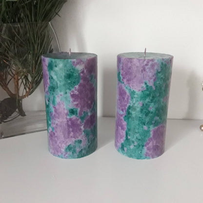 Purple and teal decorative candles. Designer pillar candles. Choose the size