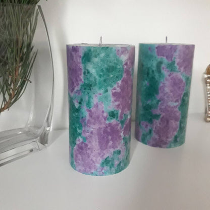 Purple and teal decorative candles. Designer pillar candles. Choose the size