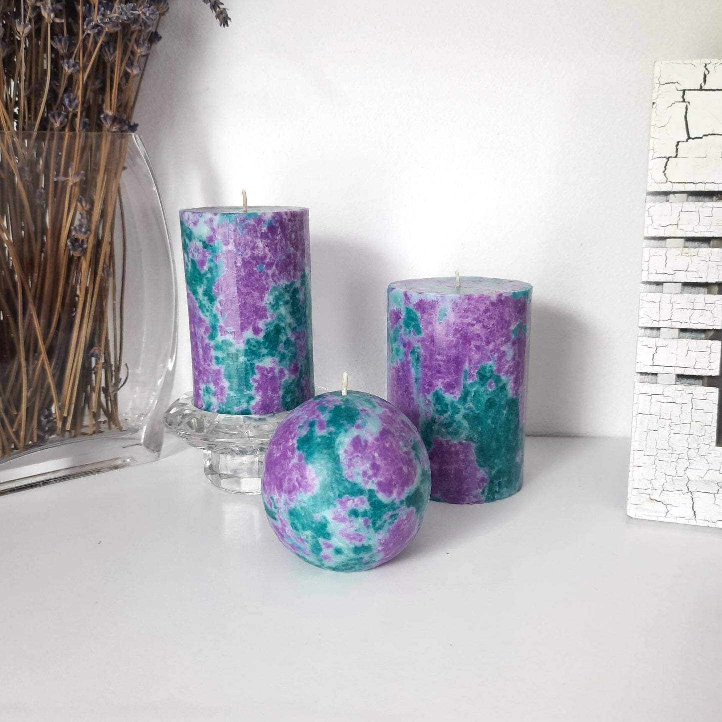 Purple and teal decorative candles. Designer pillar candles. Choose the size