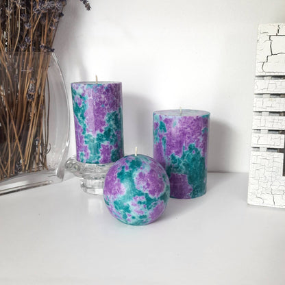 Purple and teal decorative candles. Designer pillar candles. Choose the size