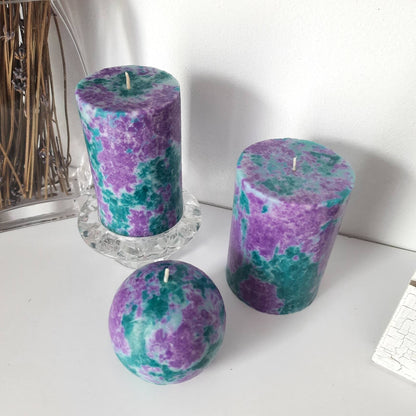 Purple and teal decorative candles. Designer pillar candles. Choose the size