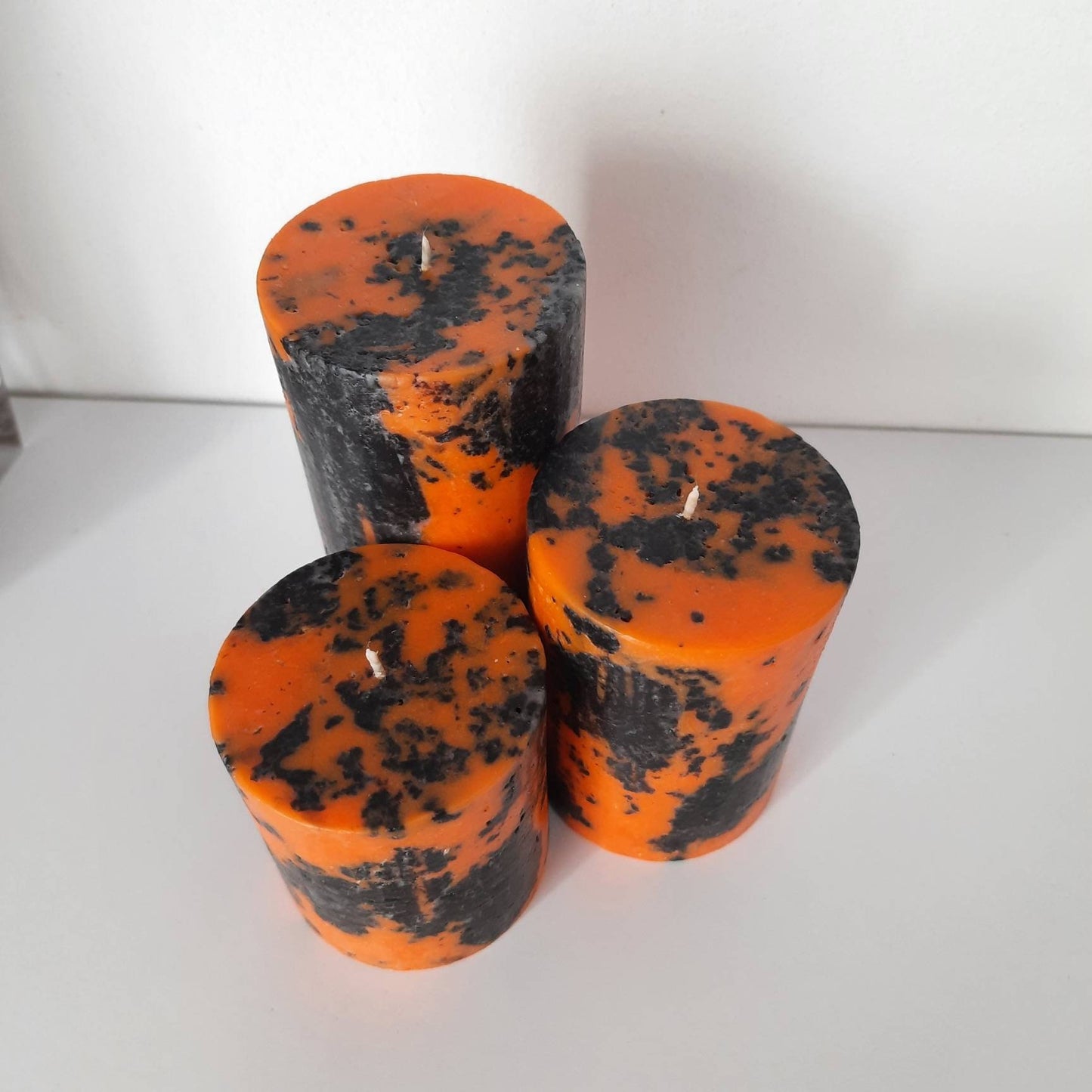 Decorative halloween candles. Black and Orange Pillar Candles. Unique candle for fall centerpiece. Unscented candles.