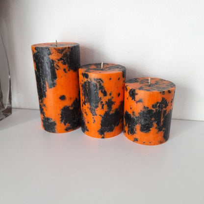 Decorative halloween candles. Black and Orange Pillar Candles. Unique candle for fall centerpiece. Unscented candles.