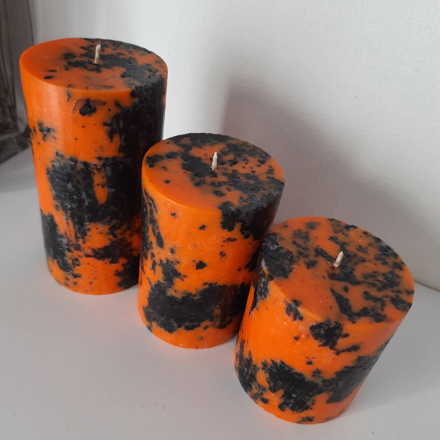 Decorative halloween candles. Black and Orange Pillar Candles. Unique candle for fall centerpiece. Unscented candles.