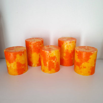 Orange and yellow pillar candles. Ball candles. Decorative candles. Choose the size.