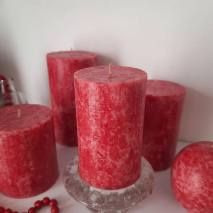 Red Pillar Candles. Decorative candles. Rose red candle. Unusual christmas candle