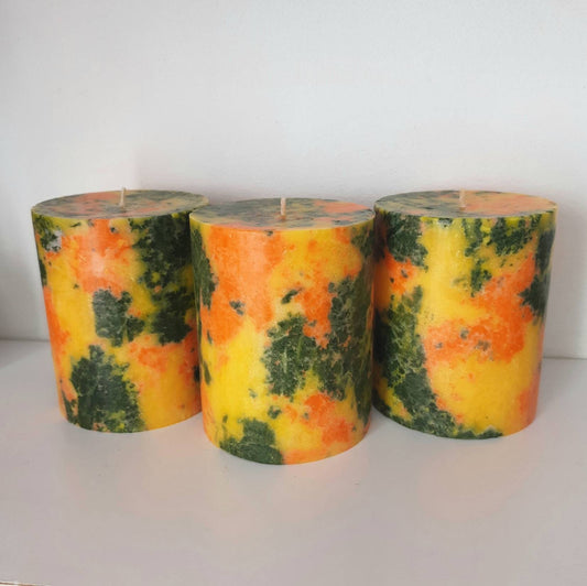 Decorative candles. Orange yellow green pillar candles. Ball candle. Fall candles. Choose a size