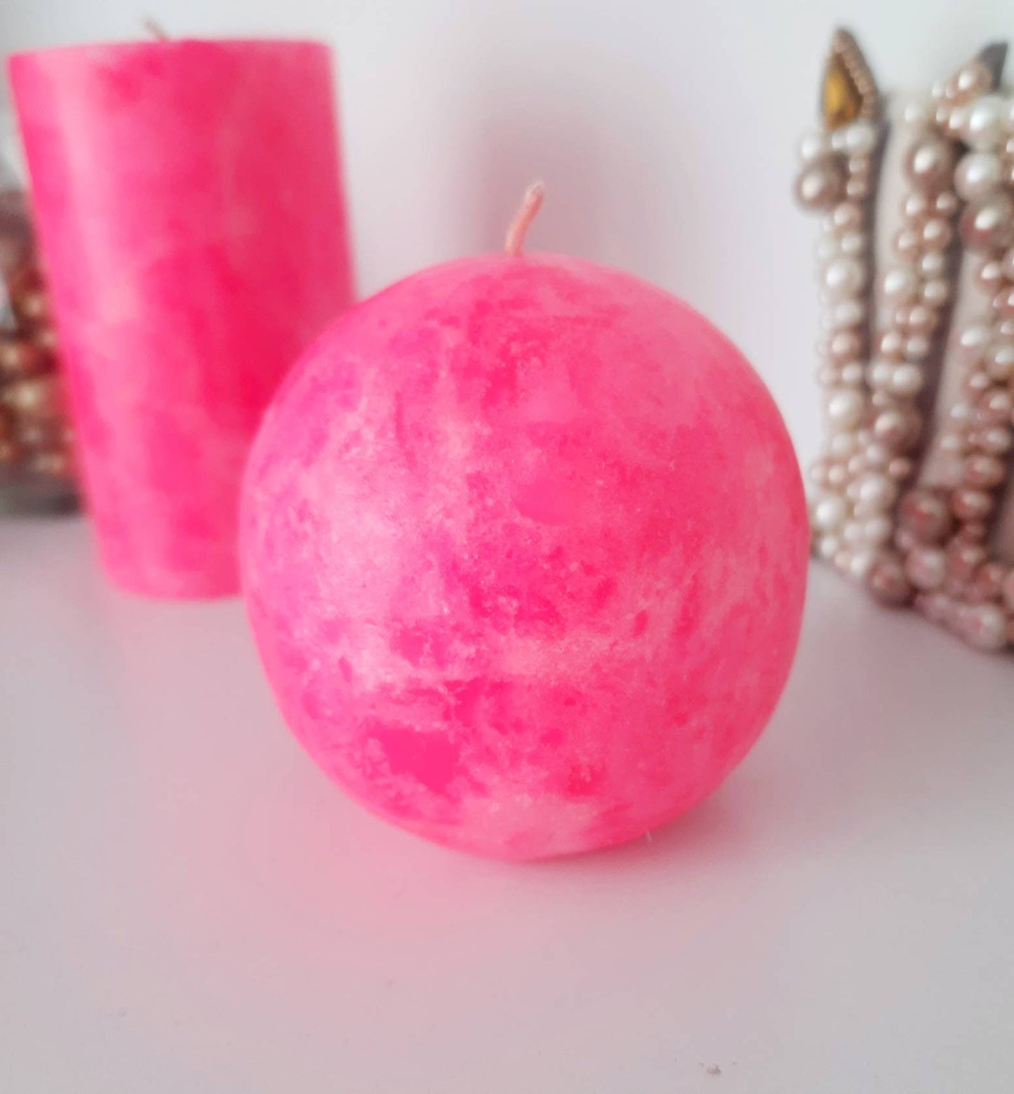 Bright pink candle. Hot pink decorative candles. Fluorescent pink pillar candles. Neon pink girly home decor.