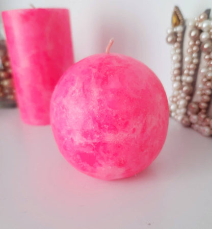 Bright pink candle. Hot pink decorative candles. Fluorescent pink pillar candles. Neon pink girly home decor.