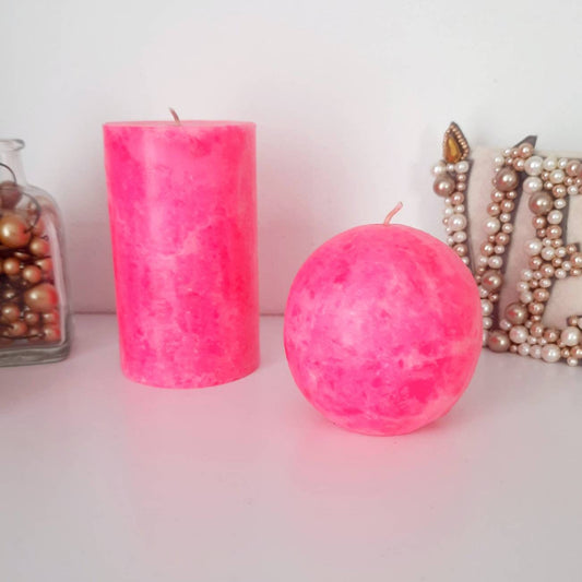 Bright pink candle. Hot pink decorative candles. Fluorescent pink pillar candles. Neon pink girly home decor.