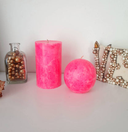 Bright pink candle. Hot pink decorative candles. Fluorescent pink pillar candles. Neon pink girly home decor.