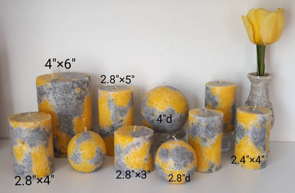 Yellow And Gray Pillar Candles. Decorative candle for mindfulness gift, or unique home decor. Сhoose a size