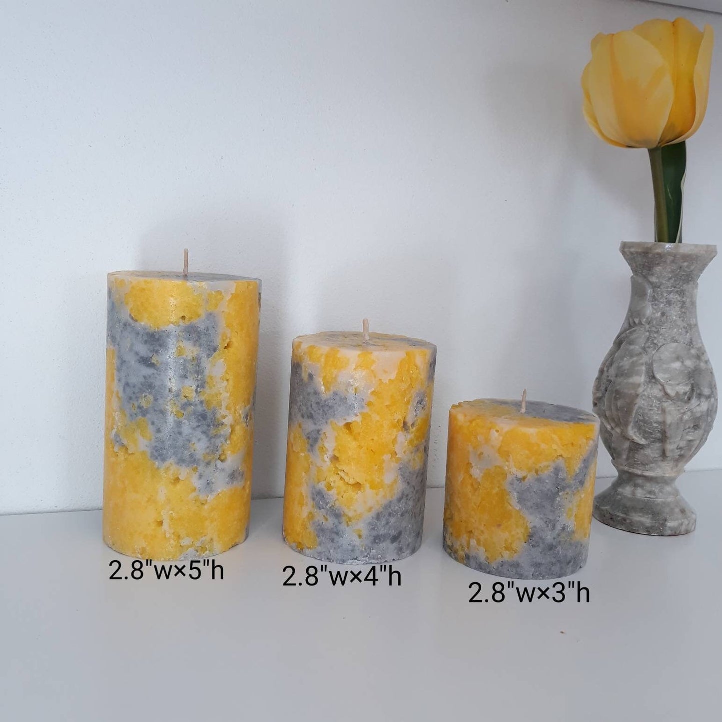 Yellow And Gray Pillar Candles. Decorative candle for mindfulness gift, or unique home decor. Сhoose a size