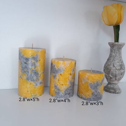 Yellow And Gray Pillar Candles. Decorative candle for mindfulness gift, or unique home decor. Сhoose a size