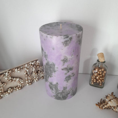 Grey and purple pillar candles Unique decorative candles with marble texture.