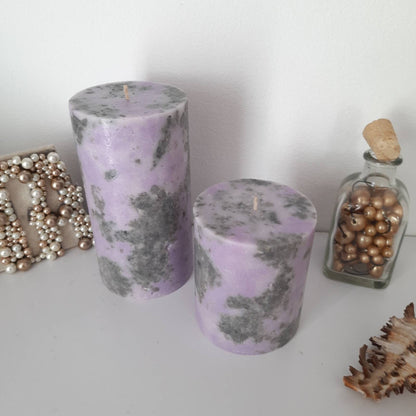 Grey and purple pillar candles Unique decorative candles with marble texture.