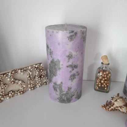 Grey and purple pillar candles Unique decorative candles with marble texture.