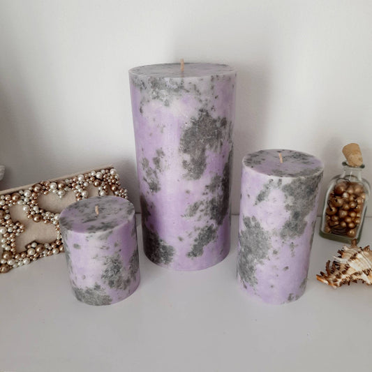 Grey and purple pillar candles Unique decorative candles with marble texture.