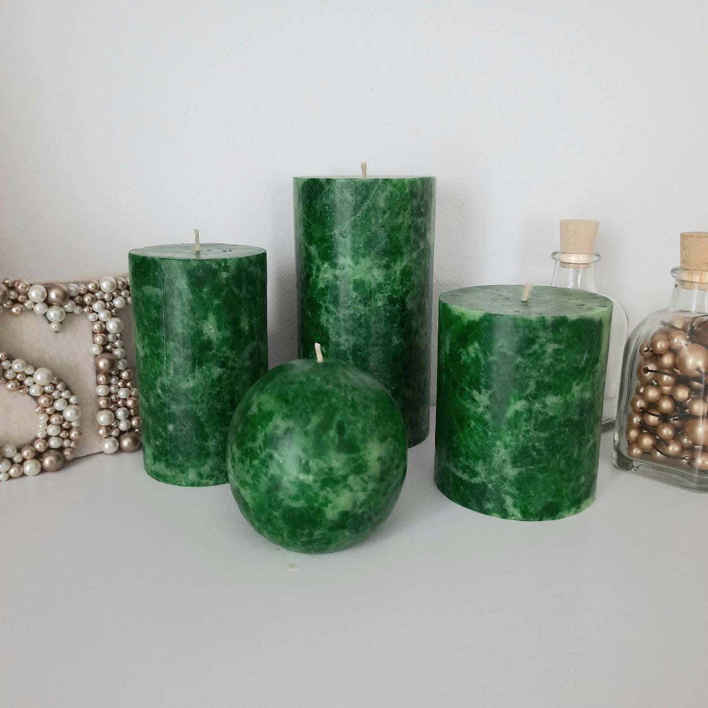 Emerald green pillar candles. Unique candles for emerald green decor. Dark green candle. Christmas candles