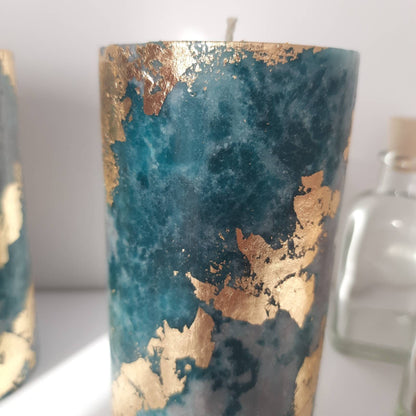 Teal Gray Gold  PIllar Candles, Unique candles for Teal Gray decor. Turquoise Decorative candle gift. Choose the size. Unscented candle