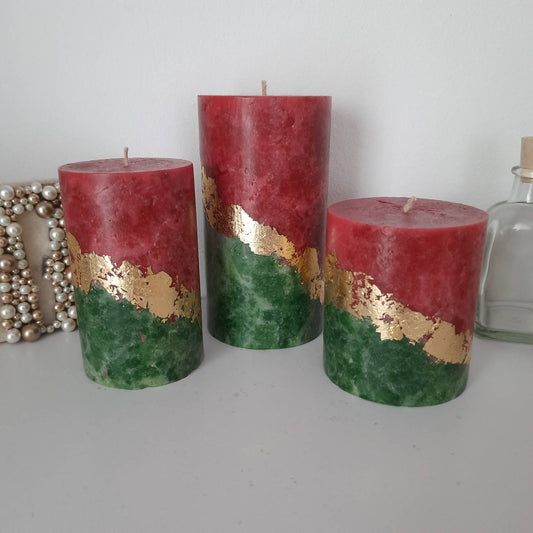 Red green gold Christmas Candles Pillar Candle set of 3 Decorative candles for  Christmas decor or Christmas gift. Unscented candles.