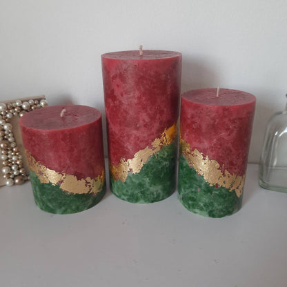 Red green gold Christmas Candles Pillar Candle set of 3 Decorative candles for  Christmas decor or Christmas gift. Unscented candles.