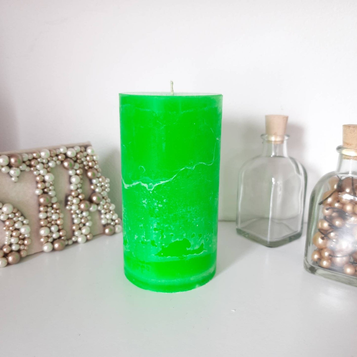 Neon green decor. Hot green candle. Rustic decorative candles. Green pillar candles Rustic candles. Unscented. Choose the size.