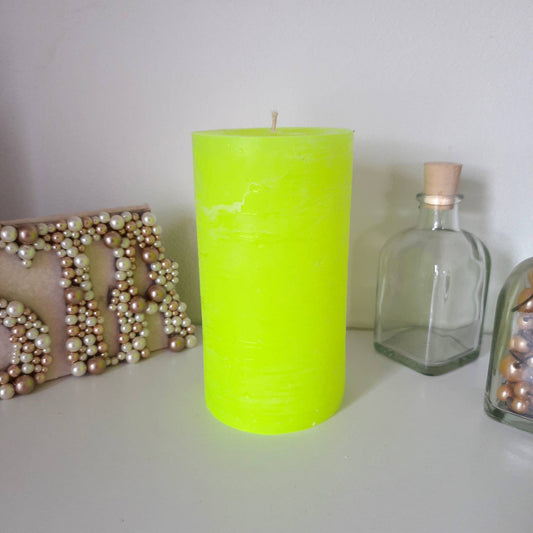 Neon yellow home decor. Fluorescent yellow candle. Rustic candles. Yellow pillar candles Unscented. Choose the size