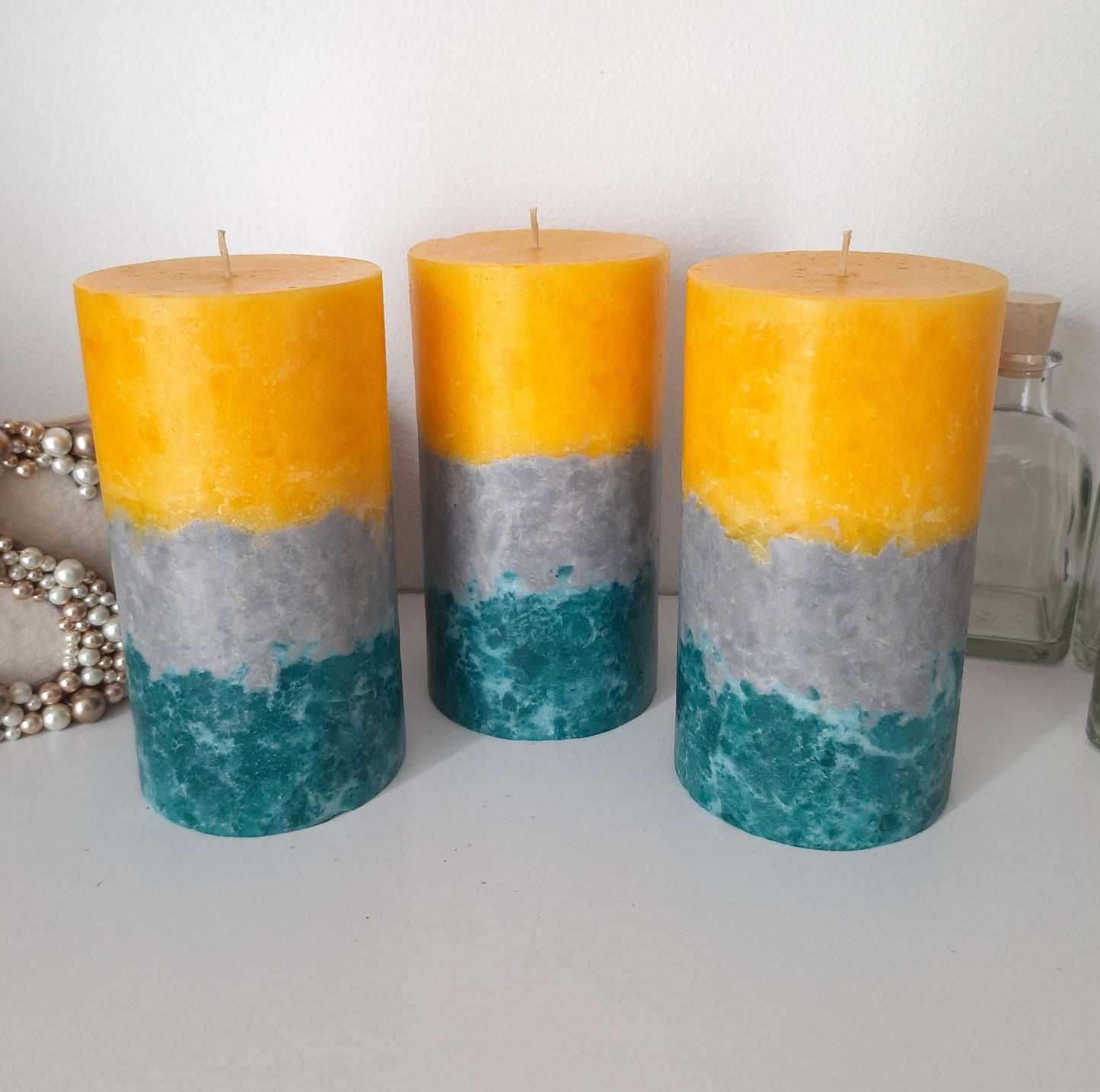 Teal Yellow Gray Pillar Candles. Layered Decorative candles