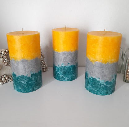 Teal Yellow Gray Pillar Candles. Layered Decorative candles